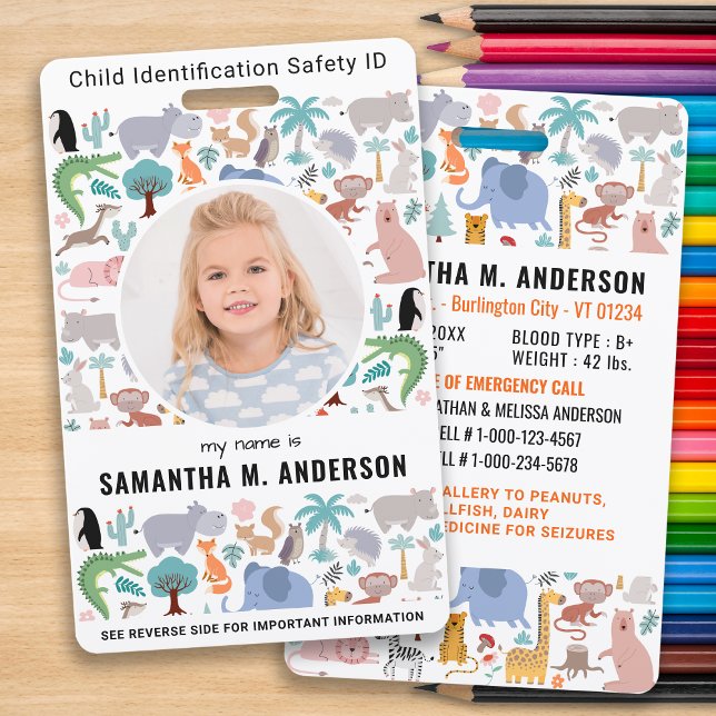Child ID Emergency Cute Fun Animals Kids Photo  Badge (Creator Uploaded)