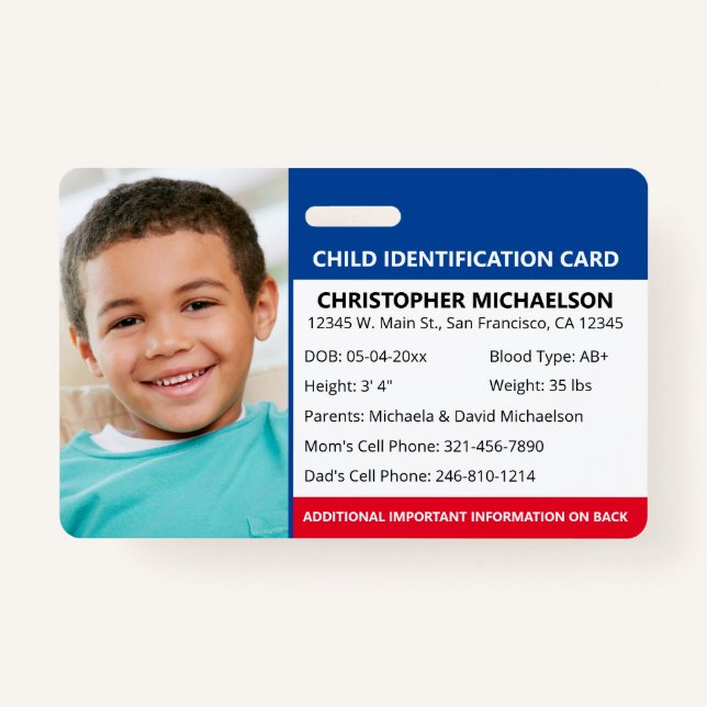 Child ID Identification Emergency Allergy Photo Badge (Front)