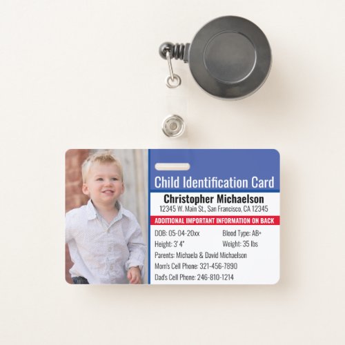 Child ID Identification Emergency Allergy Photo Badge
