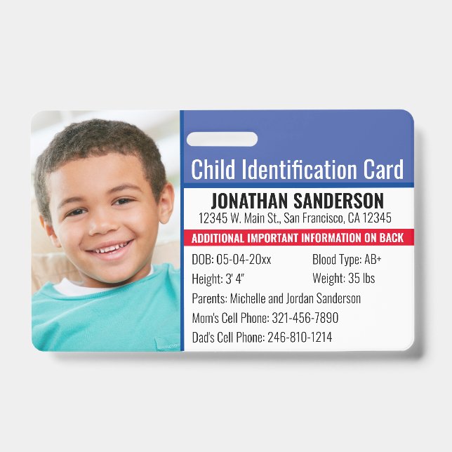 Child ID Identification Emergency Allergy Photo Badge (Front)