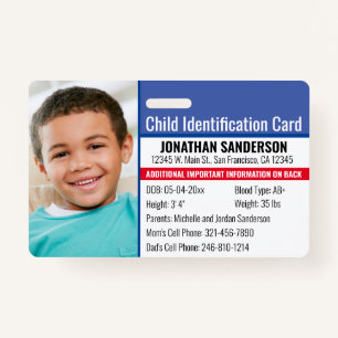 Child ID Identification Emergency Allergy Photo Badge