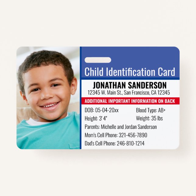 Child ID Identification Emergency Allergy Photo Badge (Front)