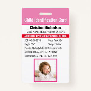 Child ID Identification Emergency Allergy Photo Badge