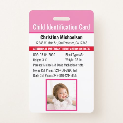 Child ID Identification Emergency Allergy Photo Badge