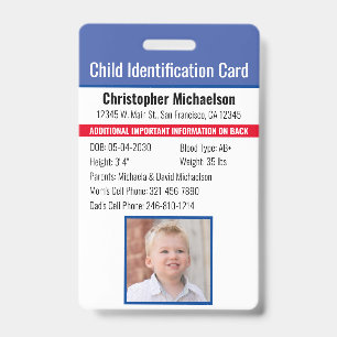 Child ID Identification Emergency Allergy Photo Badge