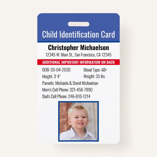 Child ID Identification Emergency Allergy Photo Badge (Front)
