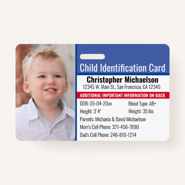 Child ID Identification Emergency Allergy Photo Badge (Front)