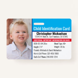 Child ID Identification Emergency Allergy Photo Badge