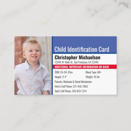Child ID Identification Emergency Allergy Photo Business Card