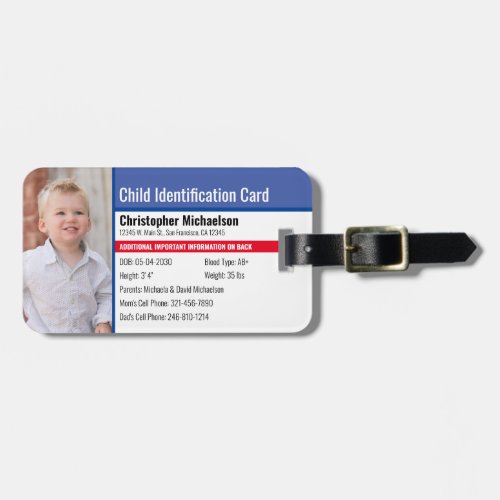 Child ID Identification Emergency Allergy Photo Luggage Tag