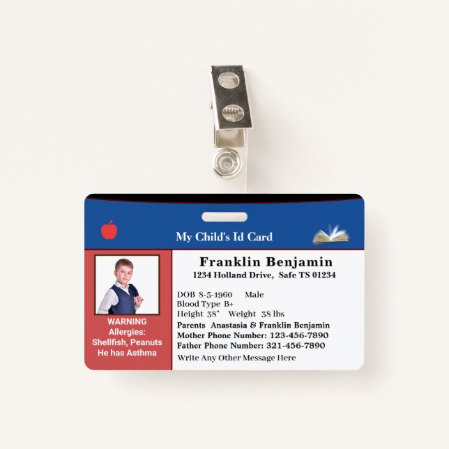 Child ID Identification Photo Card Custom Badge (Front with Clip)