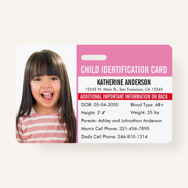 Child ID Medical Identification Emergency Allergy Badge (Front)
