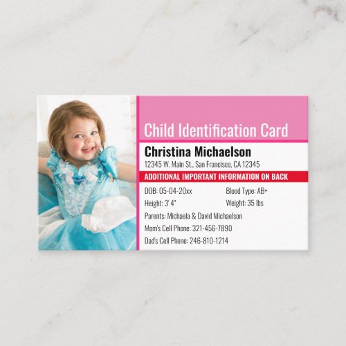 Child ID Photo Identification Emergency Allergy Ba Business Card