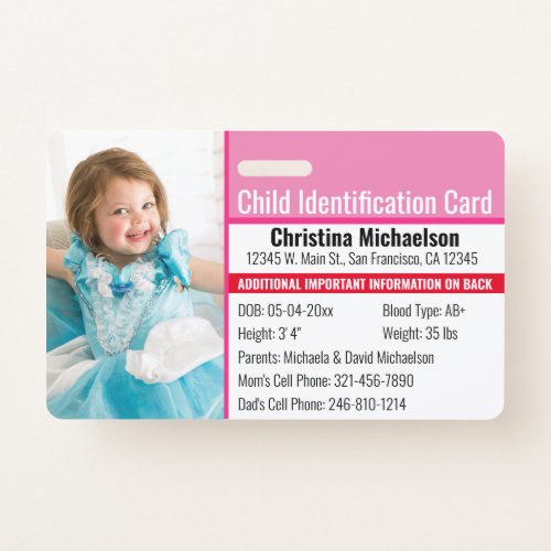 Child ID Photo Identification Emergency Allergy Badge