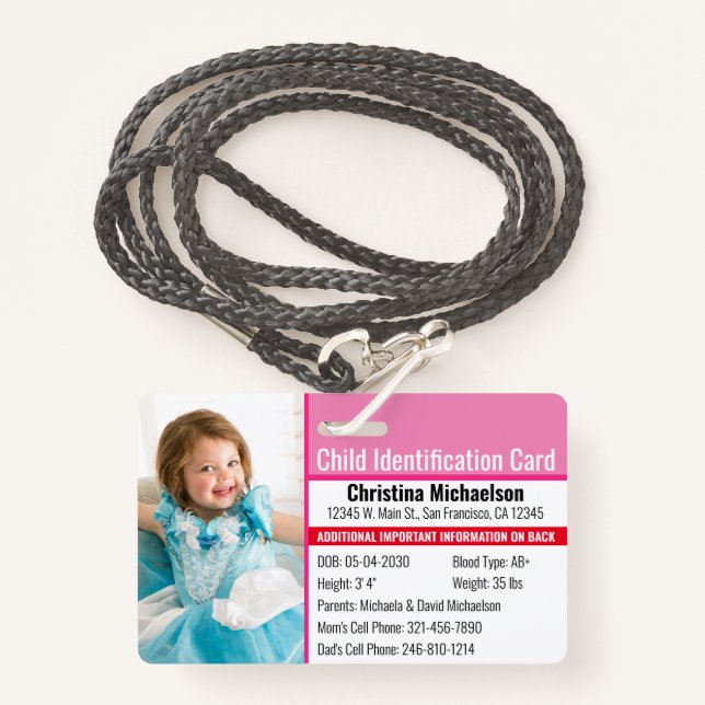 Child ID Photo Identification Emergency Allergy Badge (Front with Lanyard)