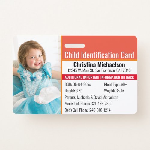 Child ID Photo Identification Emergency Allergy Badge