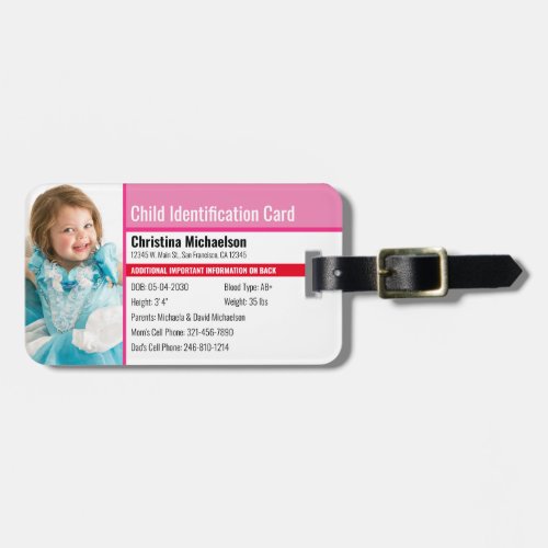 Child ID Photo Identification Emergency Allergy Luggage Tag