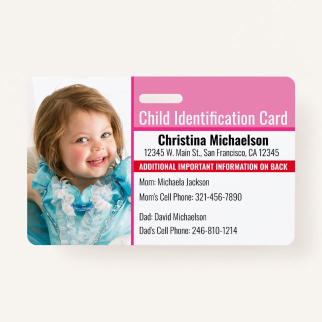 Child ID Photo Medical Emergency Allergy Badge (Front)