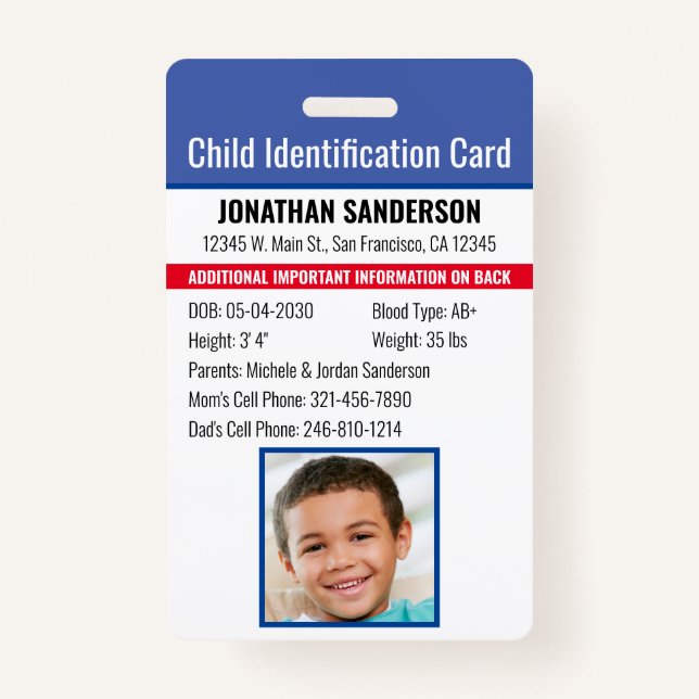Child Identification Emergency Allergy Photo ID Badge (Front)