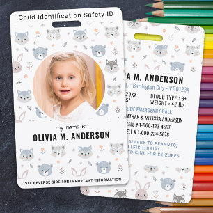 Child Identification Emergency Cute Animals Photo Badge