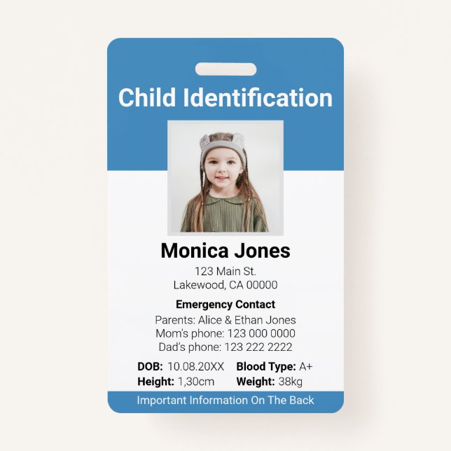 Child Identification Photo Blue Badge (Front)