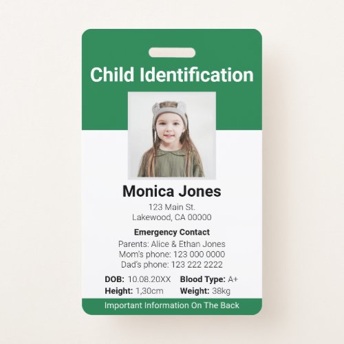 Child Identification Photo Green Badge