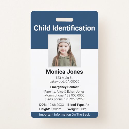 Child Identification Photo Navy Blue Badge