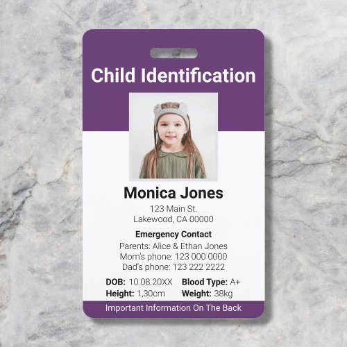 Child Identification Photo Purple Badge
