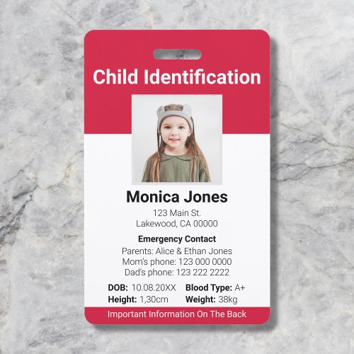 Child Identification Photo Red Badge