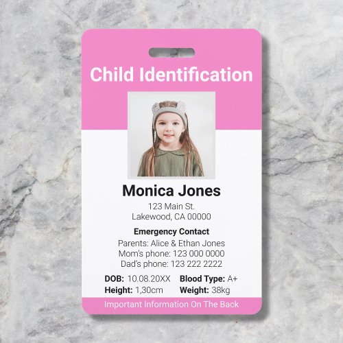 Child Identification Photo Soft Pink Badge