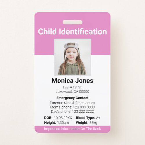 Child Identification Photo Soft Pink Badge