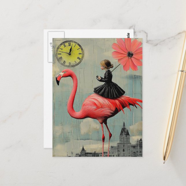 Child in a Black Dress Rides on a Pink Flamingo Postcard (Front/Back In Situ)