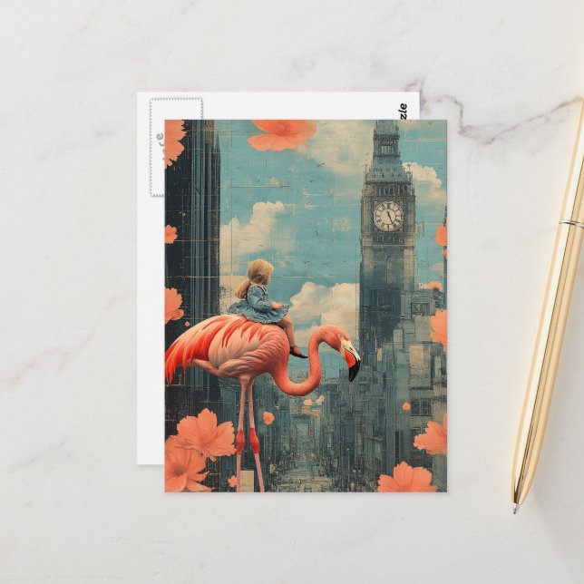 Child in a Blue Dress Rides on a Pink Flamingo Postcard (Front/Back In Situ)