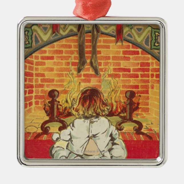 Child in Front of Fireplace Metal Ornament (Front)