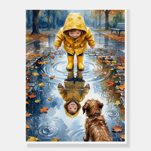 Child In Yellow Raincoat Puddle With Dog Fleece Bl Foam Board