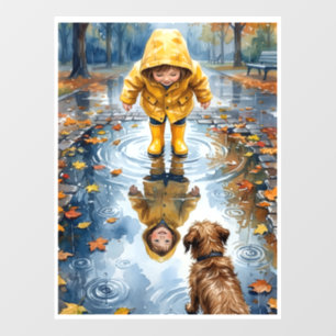 Child In Yellow Raincoat Puddle With Dog Fleece Bl Wall Decal