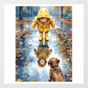Child In Yellow Raincoat Puddle With Dog Fleece Bl Wall Decal