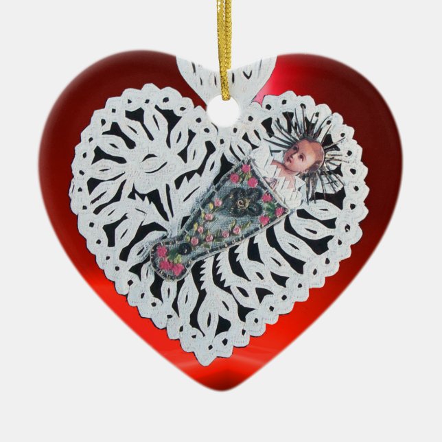Child Jesus,Antique Christmas Heart Paper Carving Ceramic Ornament (Front)