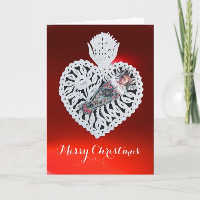 Child Jesus,Antique Christmas Heart Paper Carving Holiday Card (Front)