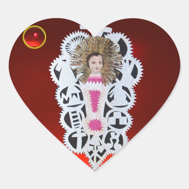 Child Jesus,Antique Christmas Paper Carving Ruby Heart Sticker (Front)