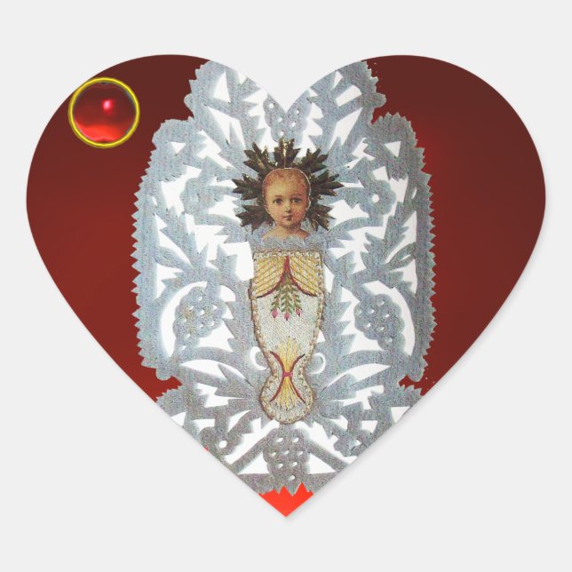 Child Jesus,Antique Christmas Paper Carving Ruby Heart Sticker (Front)