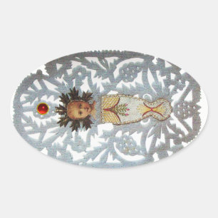 Child Jesus,Antique Christmas Paper Carving Ruby Oval Sticker