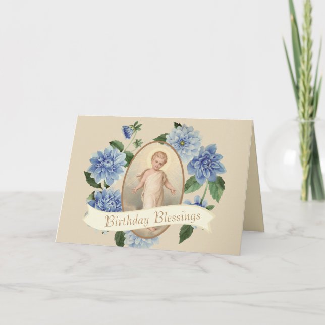 Child Jesus Blue  Floral Wreath Religious Card (Front)