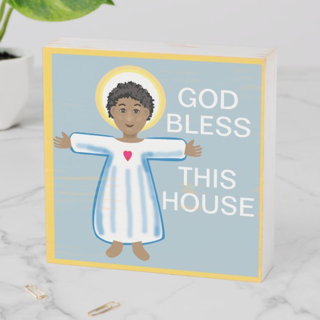 Child Jesus "God bless this House" Wooden Box Sign (In Situ Horizontal)