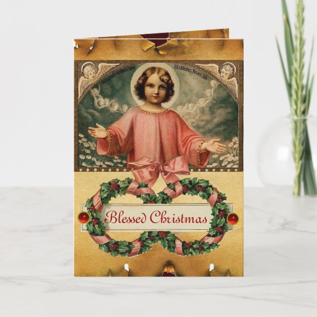 CHILD JESUS WITH ANGELS AND CHRISMAS CROWNS HOLIDAY CARD (Front)