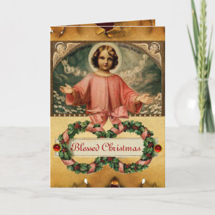 CHILD JESUS WITH ANGELS AND CHRISMAS CROWNS HOLIDAY CARD