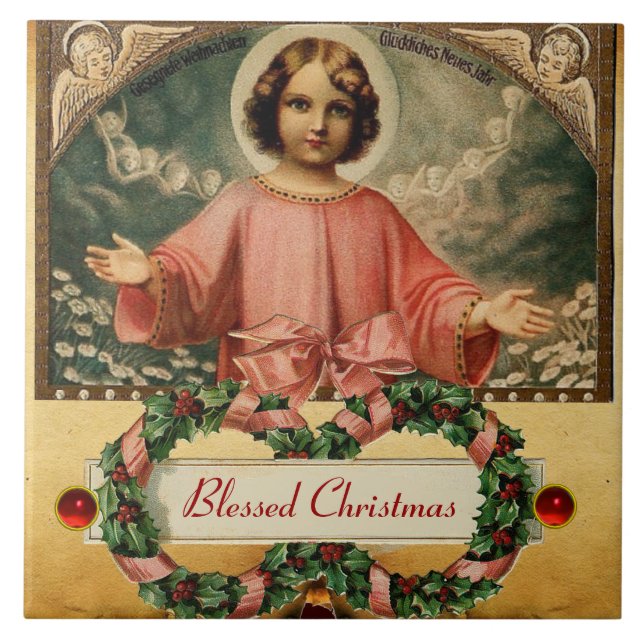 CHILD JESUS WITH ANGELS AND CHRISTMAS CROWNS CERAMIC TILE (Front)