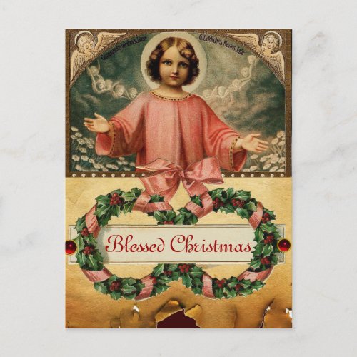 CHILD JESUS WITH ANGELS AND CHRISTMAS CROWNS HOLIDAY POSTCARD