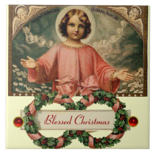 CHILD JESUS WITH ANGELS AND CHRISTMAS CROWNS TILE