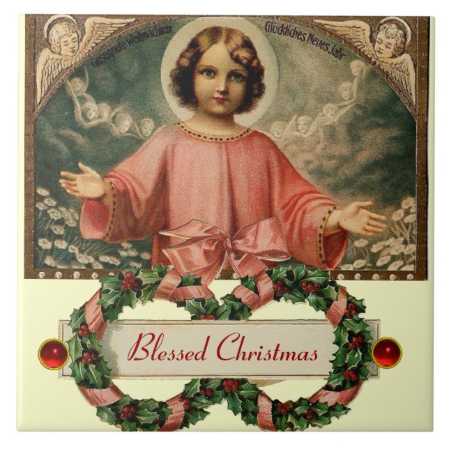 CHILD JESUS WITH ANGELS AND CHRISTMAS CROWNS TILE (Front)
